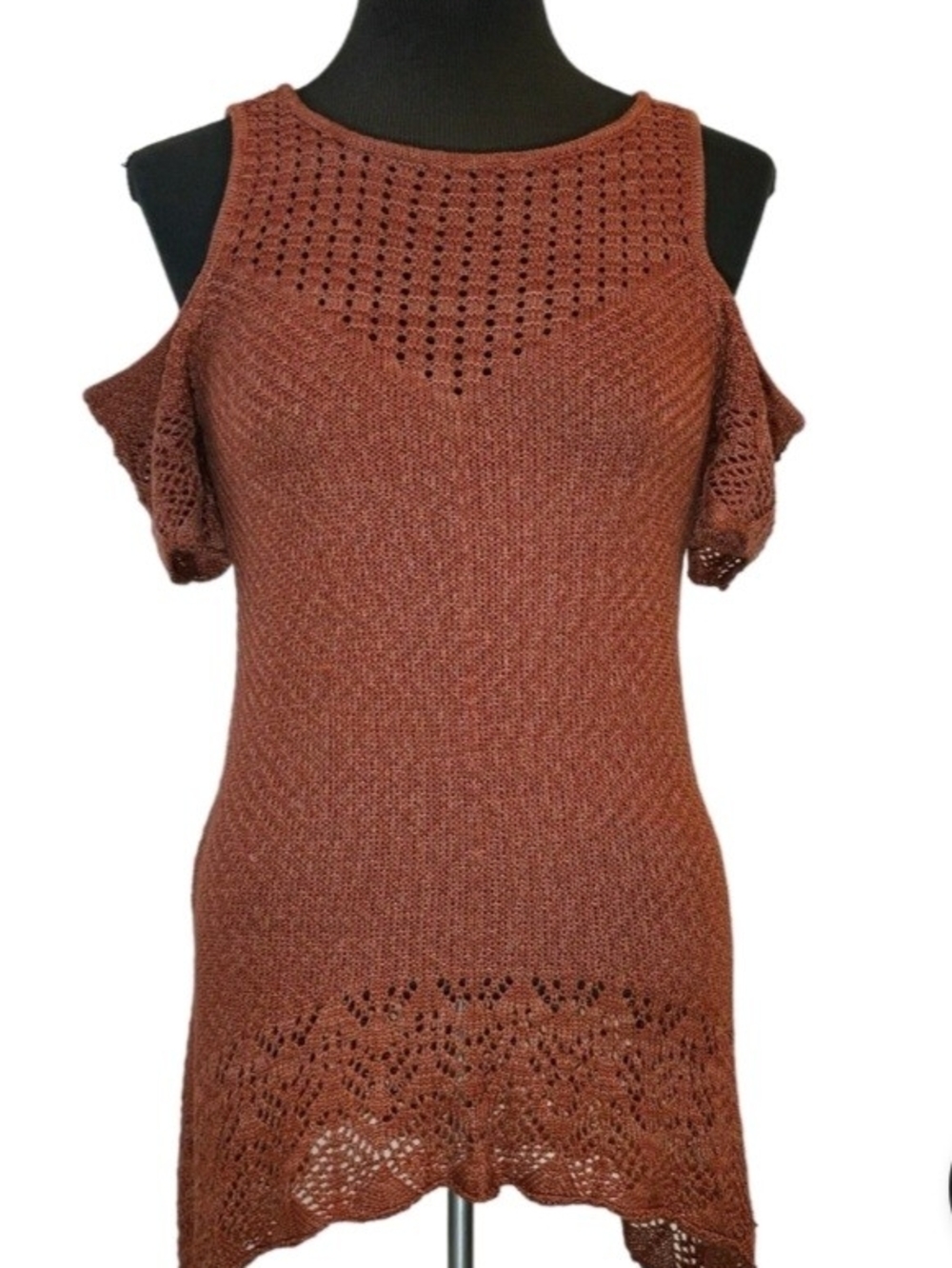 LC Lauren Conrad Rust Orange Crochet Open-Shoulder Knit Tunic, Size XS